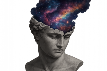 Cracked classical bust releasing a cosmic nebula, a powerful concept for creativity, imagination, and unlocking potential.