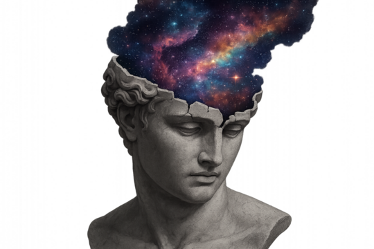Cracked classical bust releasing a cosmic nebula, a powerful concept for creativity, imagination, and unlocking potential.