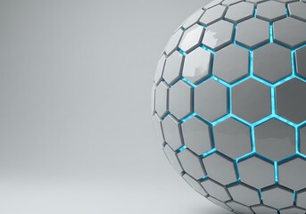 Fototapeta premium A spherical object composed of hexagonal tiles with blue glowing seams against a neutral background.