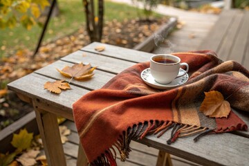A cup of tea sits on a wooden table with a warm blanket and autumn leaves creating a cozy scene
