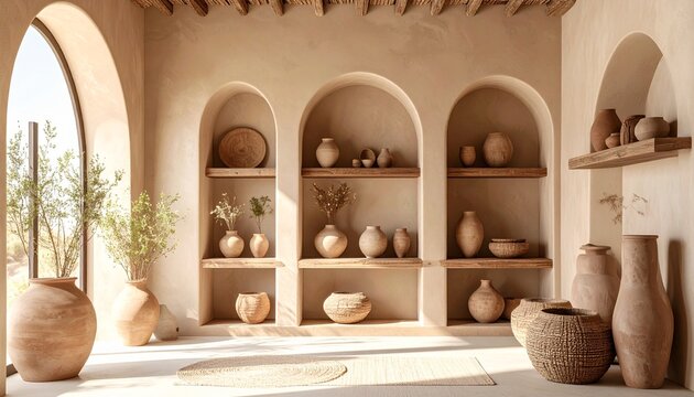Rustic clay-toned adobe room interior with arched alcove shelves, matte ceramic vases, and raw timber textures in soft daylight - Powered by Adobe