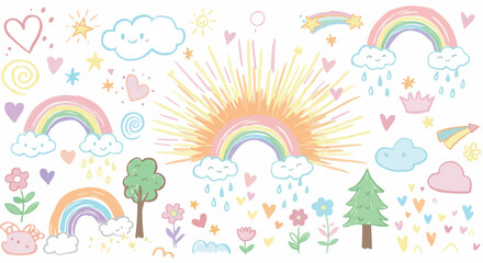 Naklejka premium Pastel hand-drawn rainbow and sunburst with clouds, trees, and hearts, ideal for nursery art, dreamy wallpapers, and kids projects