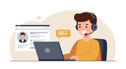 Smiling customer service representative at laptop with headset, typing and engaging online