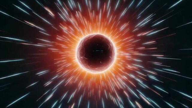 Fiery Cosmic Sphere Exploding Energy Starburst Nebula Galactic Core Hyperspace Travel Light Streaks Glowing Planet Cracked Surface Intense Bright Red Orange Blue V F X Animation