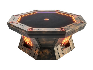 Futuristic octagonal table with illuminated edges and glowing metallic design on transparent background