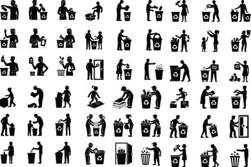 Recycling Activity Silhouette Icon Set Eco-Friendly Waste Sorting Black Silhouette Collection