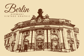 City ancient architecture, Berlin, Germany. Vintage brown and beige graphics, engraved, vector. Old retro design.