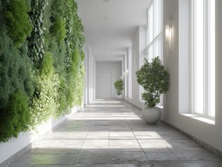 A long hallway with a plant on the wall