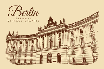 City ancient architecture, Berlin, Germany. Vintage brown and beige graphics, engraved, vector. Old retro design.