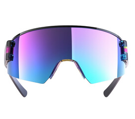 Futuristic sport sunglasses with iridescent lens against a dark transparent background
