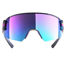 Futuristic sport sunglasses with iridescent lens against a dark transparent background