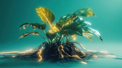 A enhanced plant, with flexible solar-collecting leaves that have visible glowing veins, its root system intertwined with data cables, clean studio background, futuristic botany.