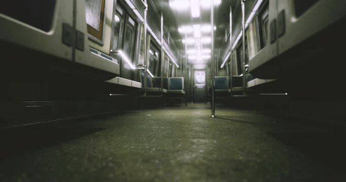 An empty subway train car showcases unoccupied seats and a dimly lit atmosphere, reflecting a quiet urban moment. The floor appears worn, adding to the sense of solitude.