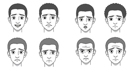 Diverse expressions of a young man depicted in a cartoonish, black and white style