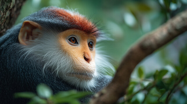 Close up of a red shanked douc langur monkey sitting in a tree looking forward