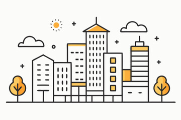Naklejka premium Stylized cityscape with modern buildings trees sun and clouds in a minimalist line art style