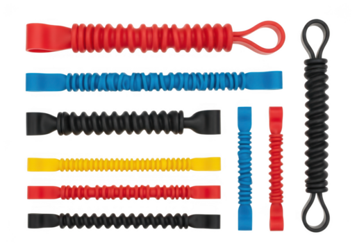 Collection of colorful elastic straps and bungee cords isolated on transparent background