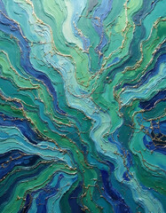 Blue and Green Abstract Oil Painting with Rich Texture and Gold Accents