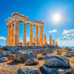 Ancient Greek temple ruins under a bright sun