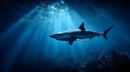 Fototapeta premium A solitary shark swims in deep ocean waters.