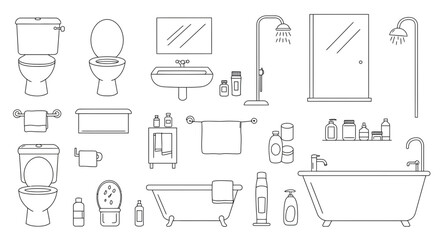 Outline Illustration of Various Bathroom Fixtures and Amenities for Design Projects