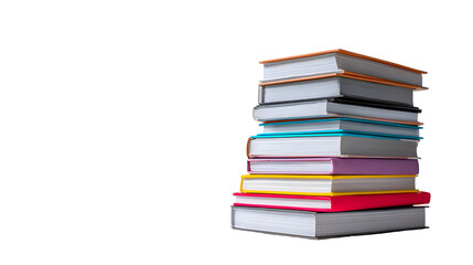 A Neat Stack of Colorful Books on a Transparent Background, Isolated Studio Shot, High Angle View Showcasing Various Sizes and Assorted Books with