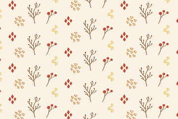 Minimal red berry sprigs seamless repeat pattern. Small red berry branches arranged in a neat repeating pattern. Perfect for stationery, notebooks, holiday wrapping, or packaging, notebooks, wrapping 