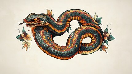 Fototapeta premium A coiled snake tattoo in vibrant old-school colors.