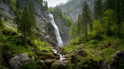 Obraz premium A scenic view of a waterfall cascading down a rocky cliff surrounded by lush trees