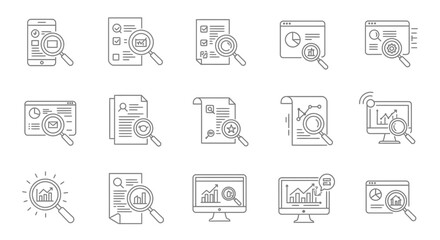 Collection of data analysis and research line icons representing business insights