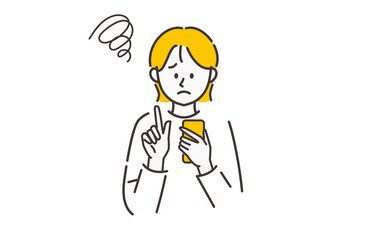 スマホを使っている不満げな女性のイラスト