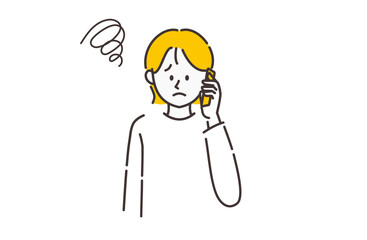 スマホを使っている不満げな女性のイラスト	
