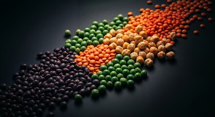 Colorful lentils assortment scattered on dark surface. This beautiful Colorful lentils assortment includes red, green, yellow and black types, creating a visually appealing gradient.