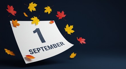 September 1 calendar page with autumn leaves on dark navy background – first day of autumn seasonal poster