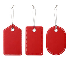 Three blank red paper price tags with white strings isolated on transparent background