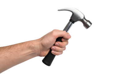 A hand gripping hammer against dark background, tools and construction imagery