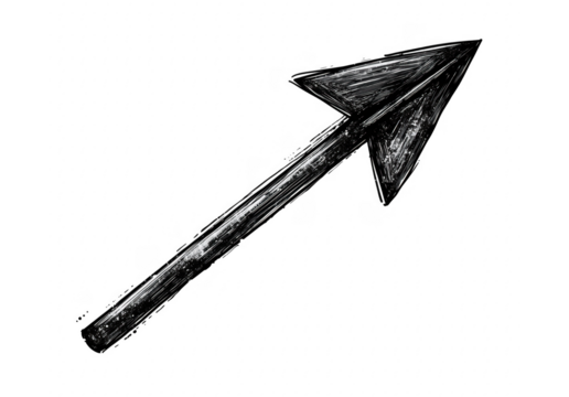 Grungy hand drawn white arrow pointing upwards against a transparent background