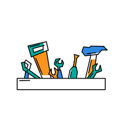 flat vector illustration of a toolbox with various tools such as a hammer, wrench, screwdriver, and saw.