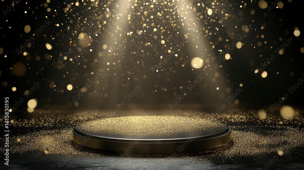 Wall mural dark background with golden glitter on a round platform, illuminated by spotlights.
