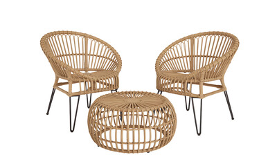  Modern Rattan Patio Furniture Set — Woven Chairs and Round Table with Black Metal Legs for Outdoor Lounge Decor, transparent background