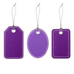 Three blank purple gift tags with string hanging isolated on transparent background