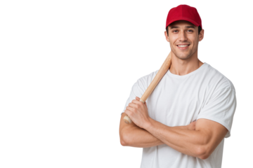 Smiling handsome young athletic man in a red cap and white t-shirt holding a baseball bat, ready for the game, isolated on transparent background