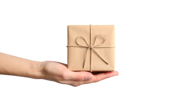 A hand holding rustic brown paper package, wrapped in mystery and intrigue