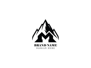 Mountain Logo Vector, Hill Icon Illustration, Peak Line Art Design, Simple Letter M Logo, Minimalist Mountain Symbol, Outdoor Adventure Emblem