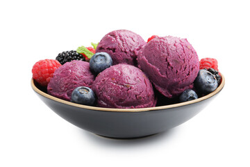Delicious sorbet with fresh berries in bowl isolated on white