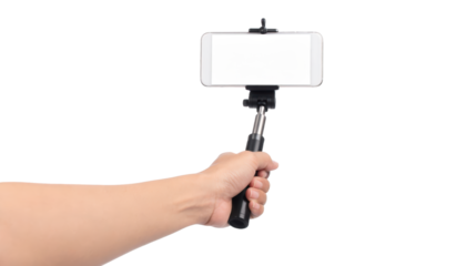 Hand holding mobile phone with blank white screen, app and website mockup template for responsive design