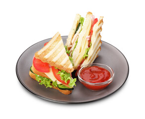 Yummy sandwiches with ham, cheese, vegetables and sauce isolated on white