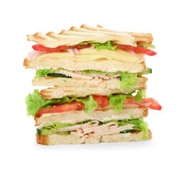 Yummy sandwiches with ham, cheese and vegetables isolated on white