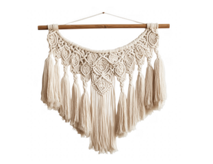 Handcrafted macrame wall hanging with a bohemian style featuring intricate knotted details and tassels transparent background