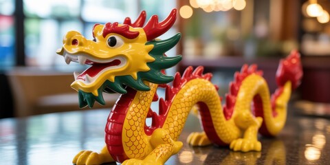 A golden chinese dragon figurine is displayed indoors on a dark surface